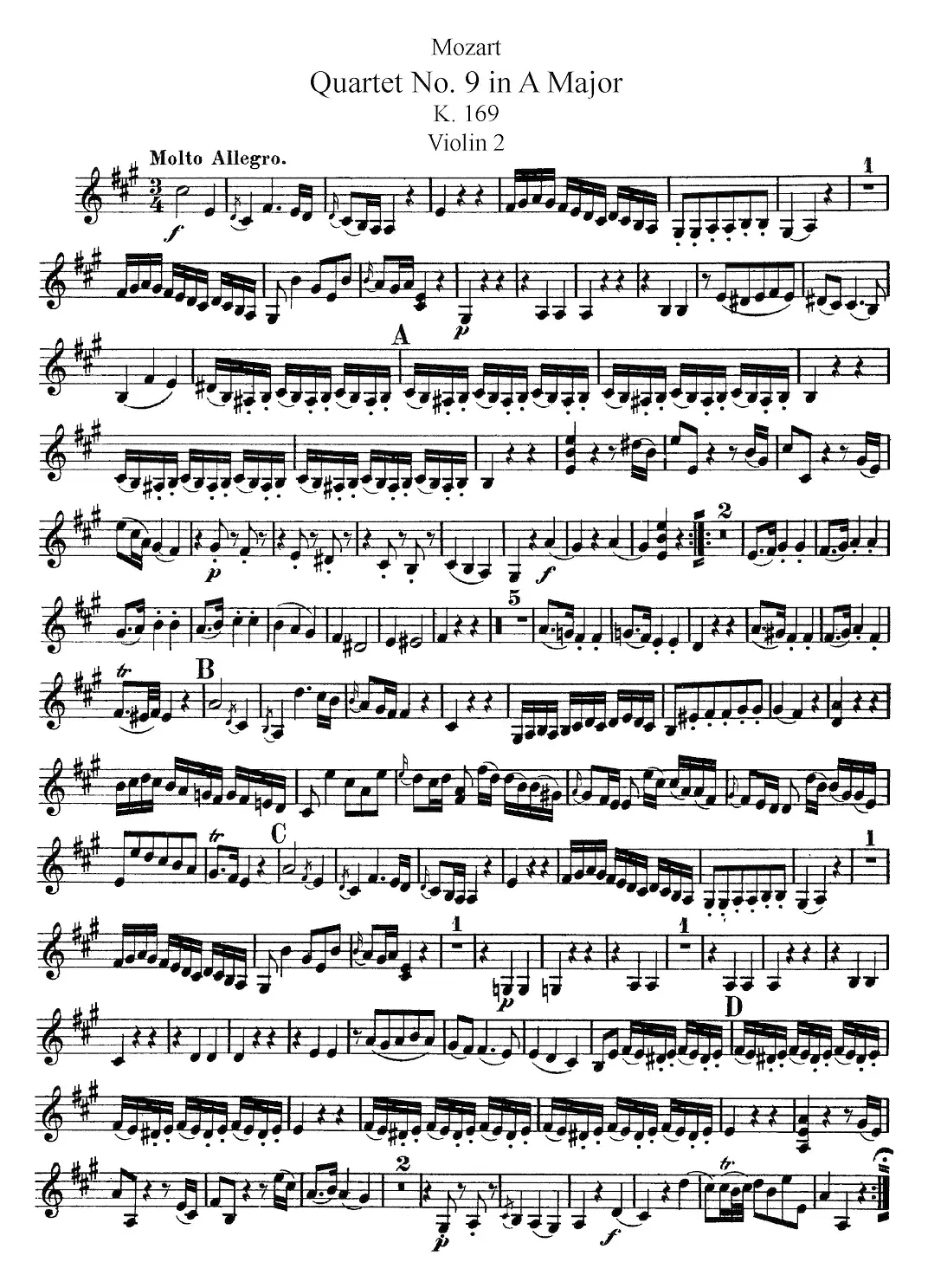 Mozart《Quartet No.9 in A Major,K.169》（Violin 2分谱）