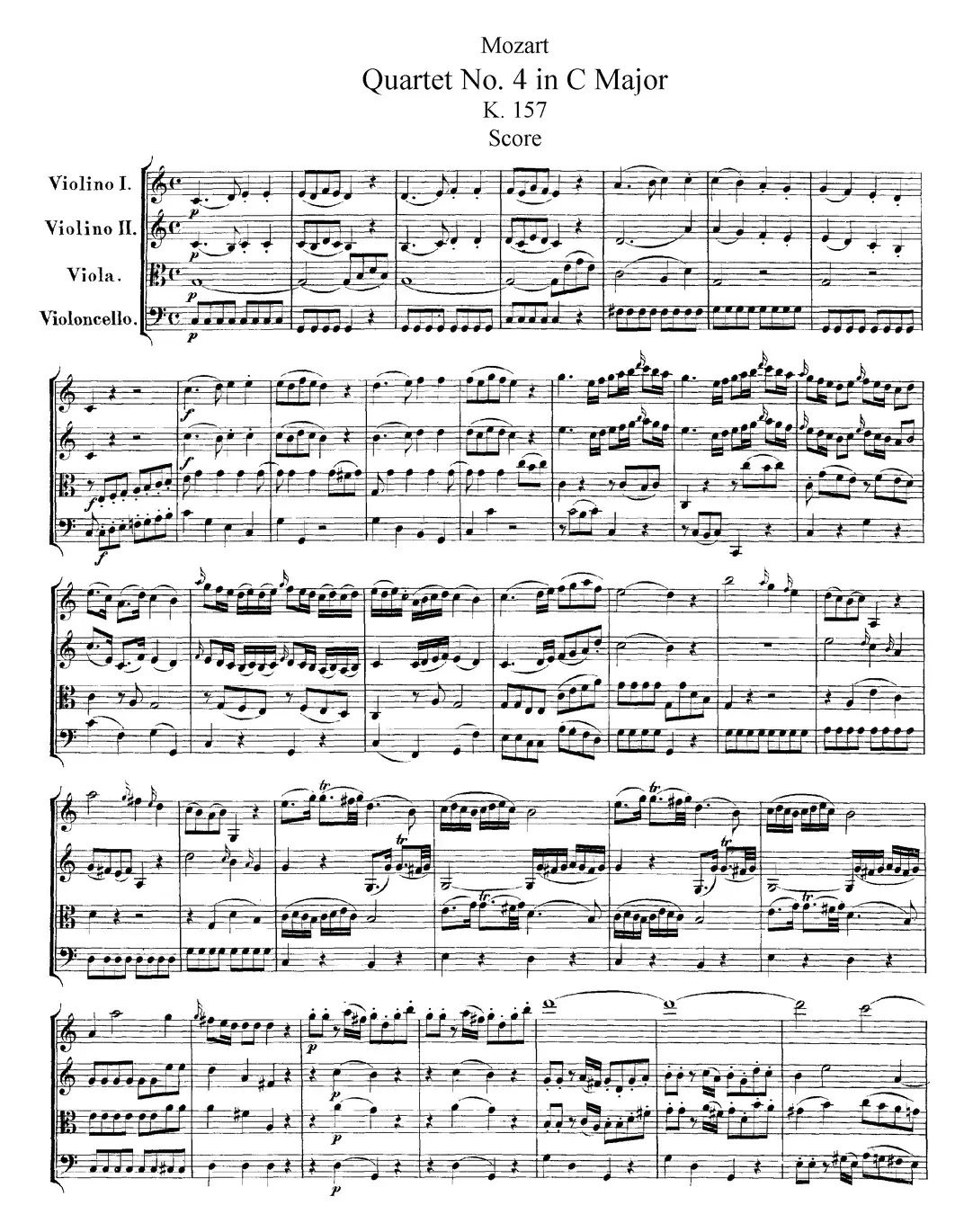 Mozart《Quartet No.4 in C Major,K.157》（总谱）