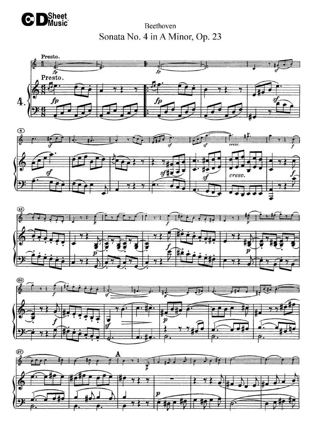 Violin Sonata No.4 in A Minor Op.23（小提琴+钢琴伴奏）