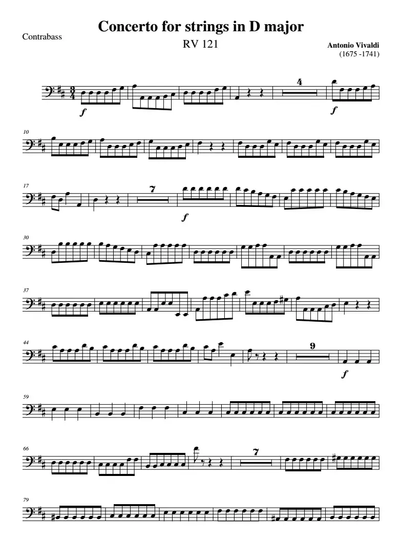 Concerto for strings in D Major（RV121、Contrabass分谱）