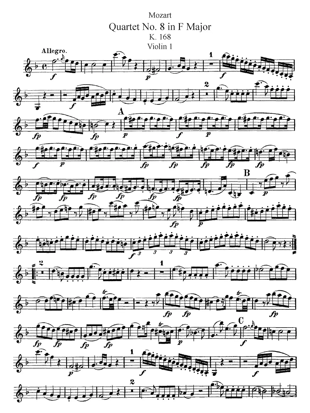 Mozart《Quartet No.8 in F Major,K.168》（Violin 1分谱）