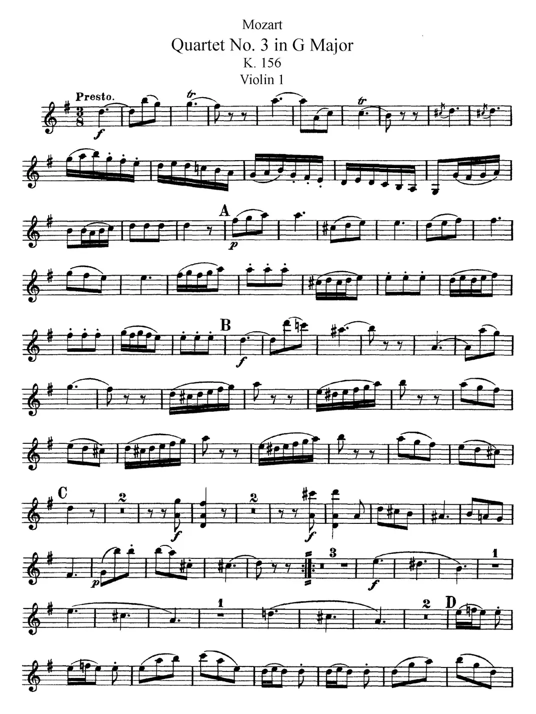 Mozart《Quartet No.3 in G Major,K.156》（Violin 1分谱）