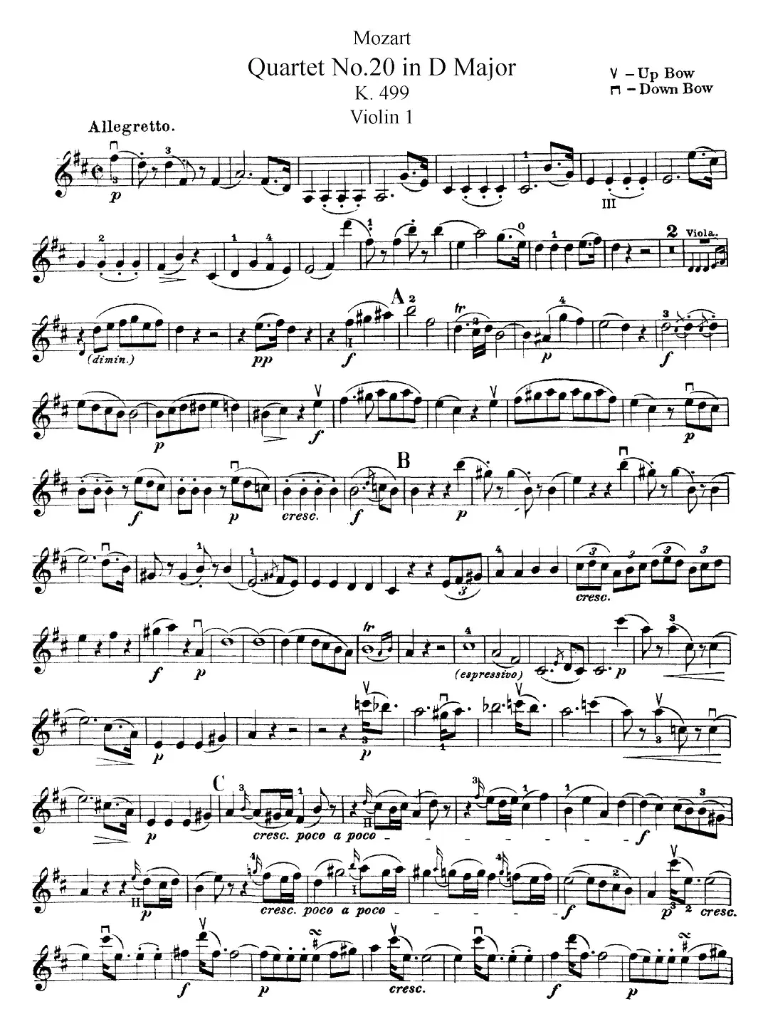 Mozart《Quartet No.20 in D Major,K.499》（Violin 1分谱）