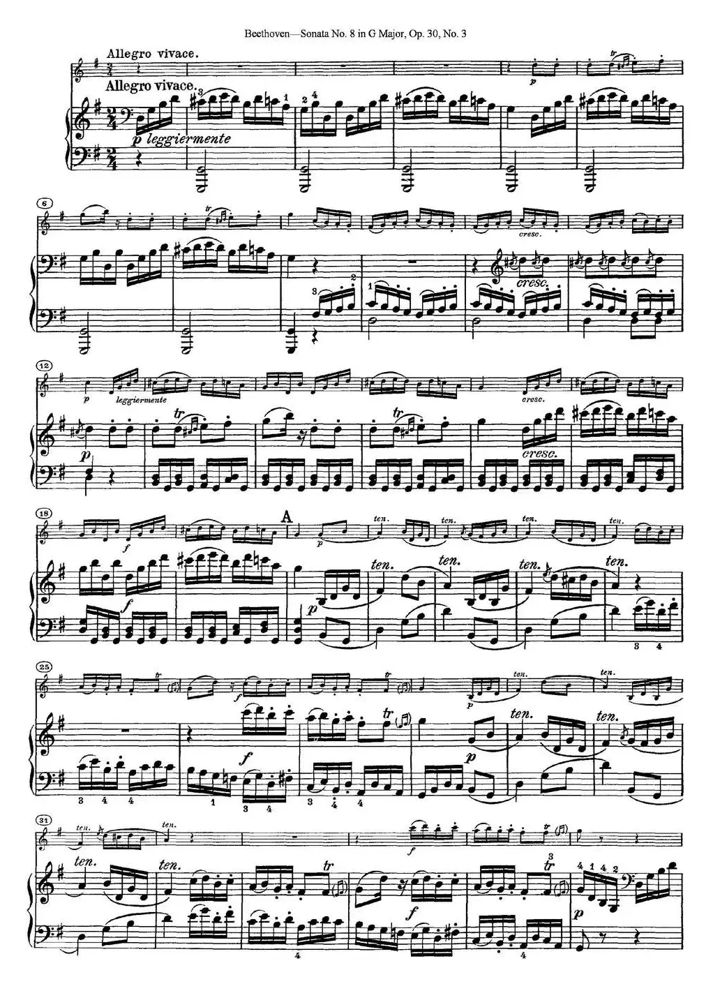 Violin Sonata No.8 in G Major Op.30 No.3（小提琴+钢琴伴奏）