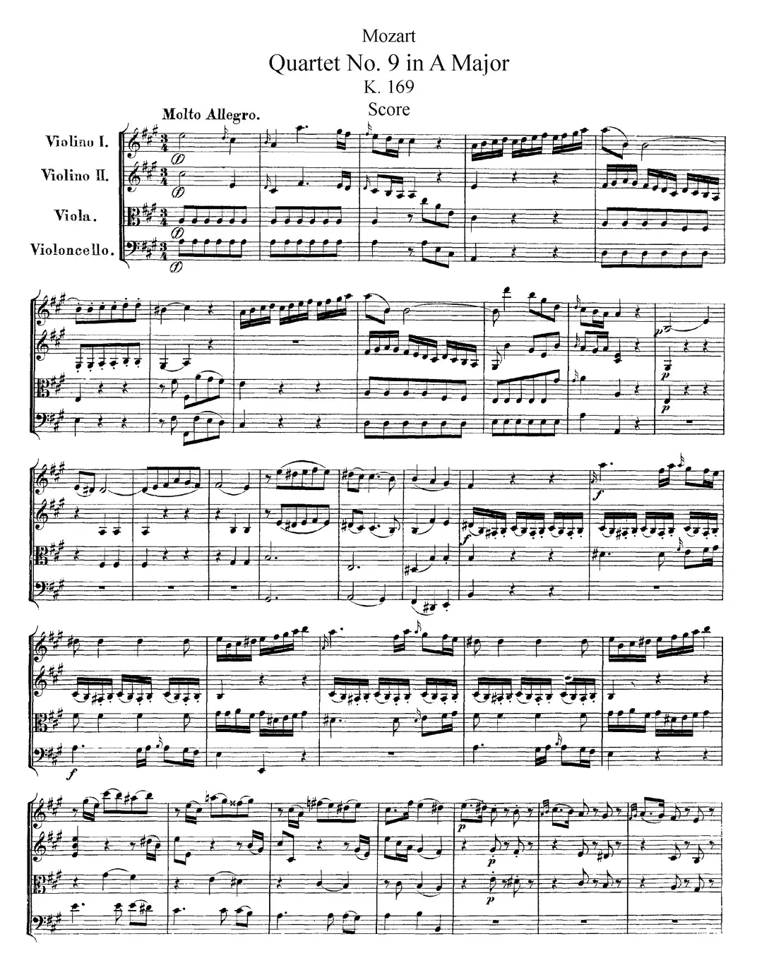 Mozart《Quartet No.9 in A Major,K.169》（总谱）