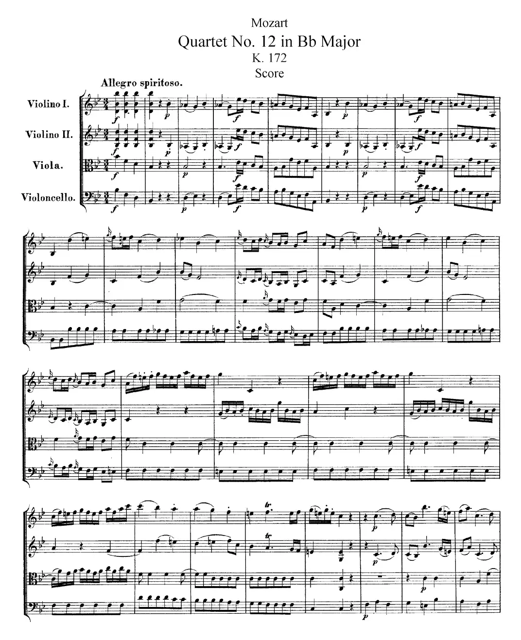 Mozart《Quartet No.12 in Bb Major,K.172》（总谱）