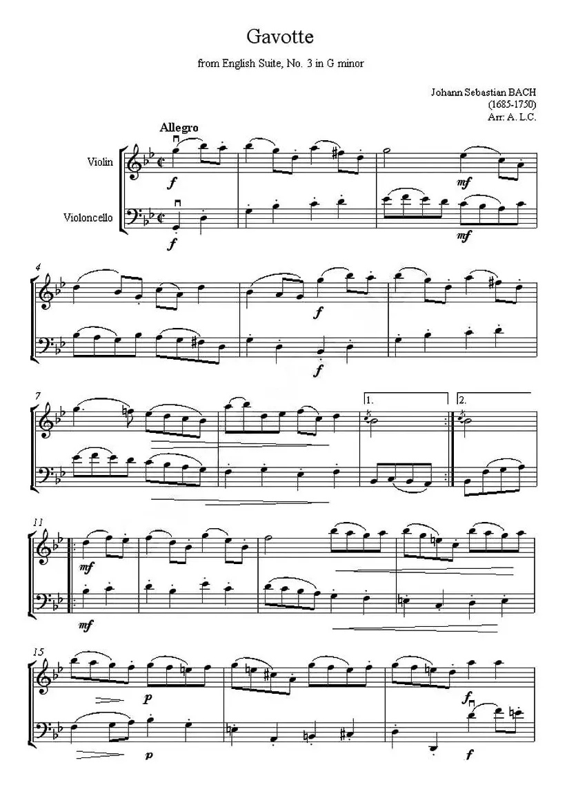 Gavotte from English Suite,No.3 in G minor（加沃特舞曲）（小提琴、大提琴二重奏）