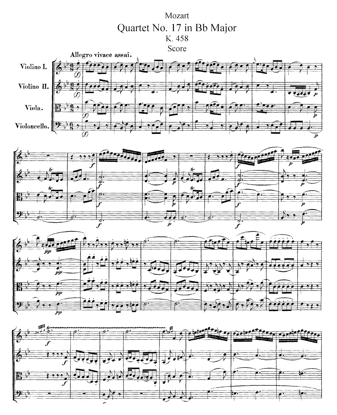 Mozart《Quartet No.17 in Bb Major,K.458》（总谱）