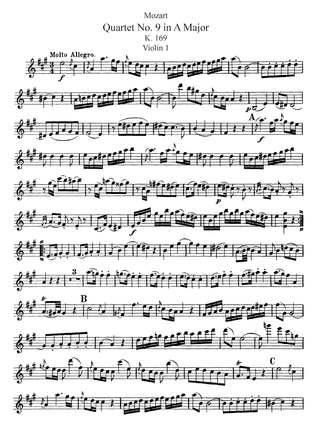 Mozart《Quartet No.9 in A Major,K.169》（Violin 1分谱）