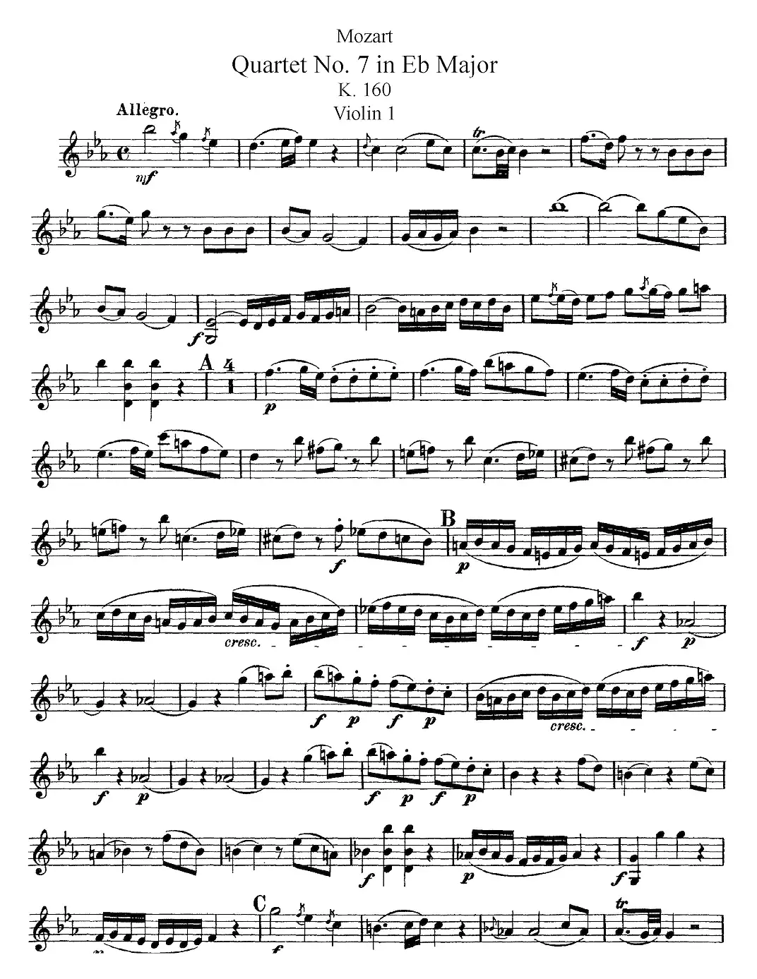 Mozart《Quartet No.7 in Eb Major,K.160》（Violin 1分谱）