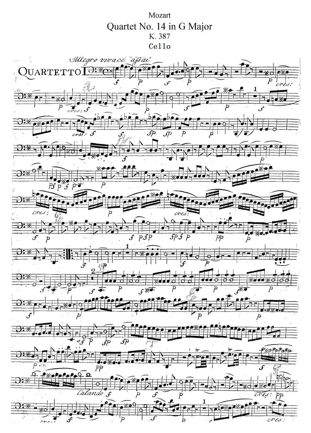 Mozart《Quartet No.14 in G Major,K.387》（Cello分谱）