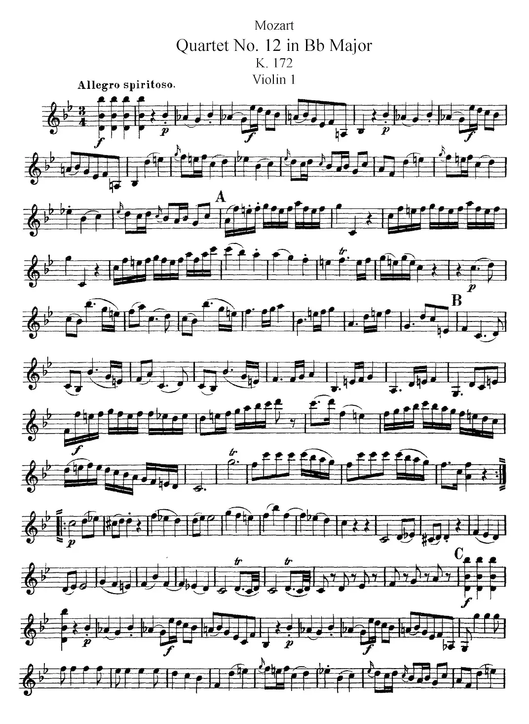 Mozart《Quartet No.12 in Bb Major,K.172》（Violin 1分谱）