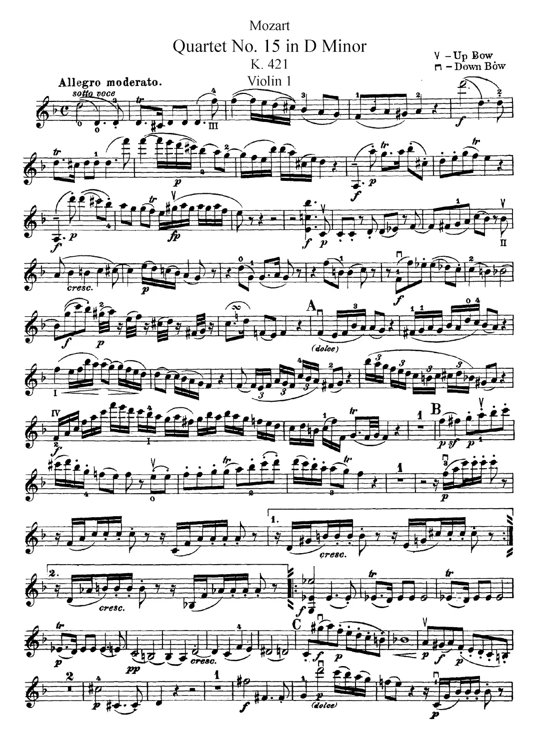 Mozart《Quartet No.15 in D Minor,K.421》（Violin 1分谱）