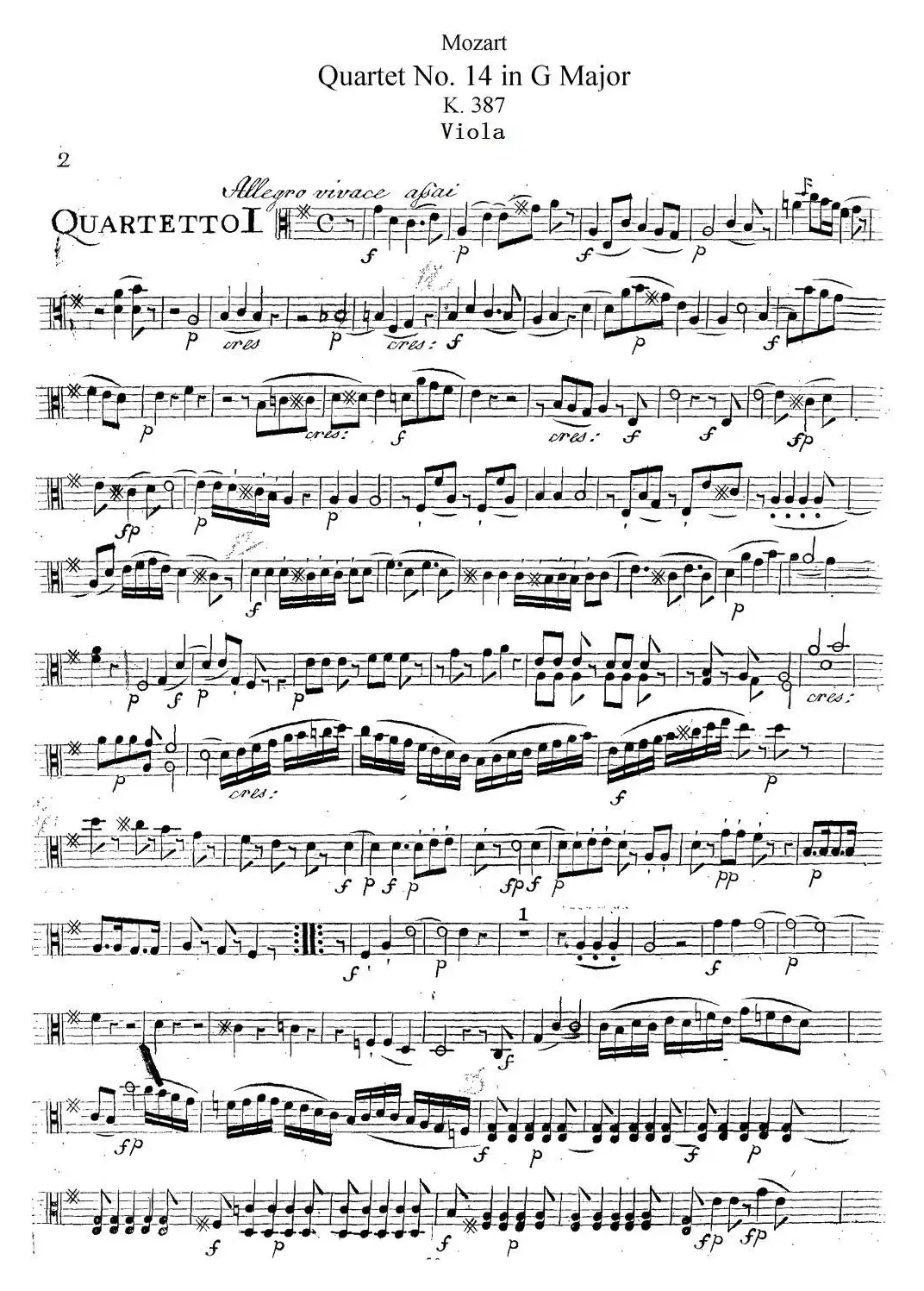 Mozart《Quartet No.14 in G Major,K.387》（Viola分谱）