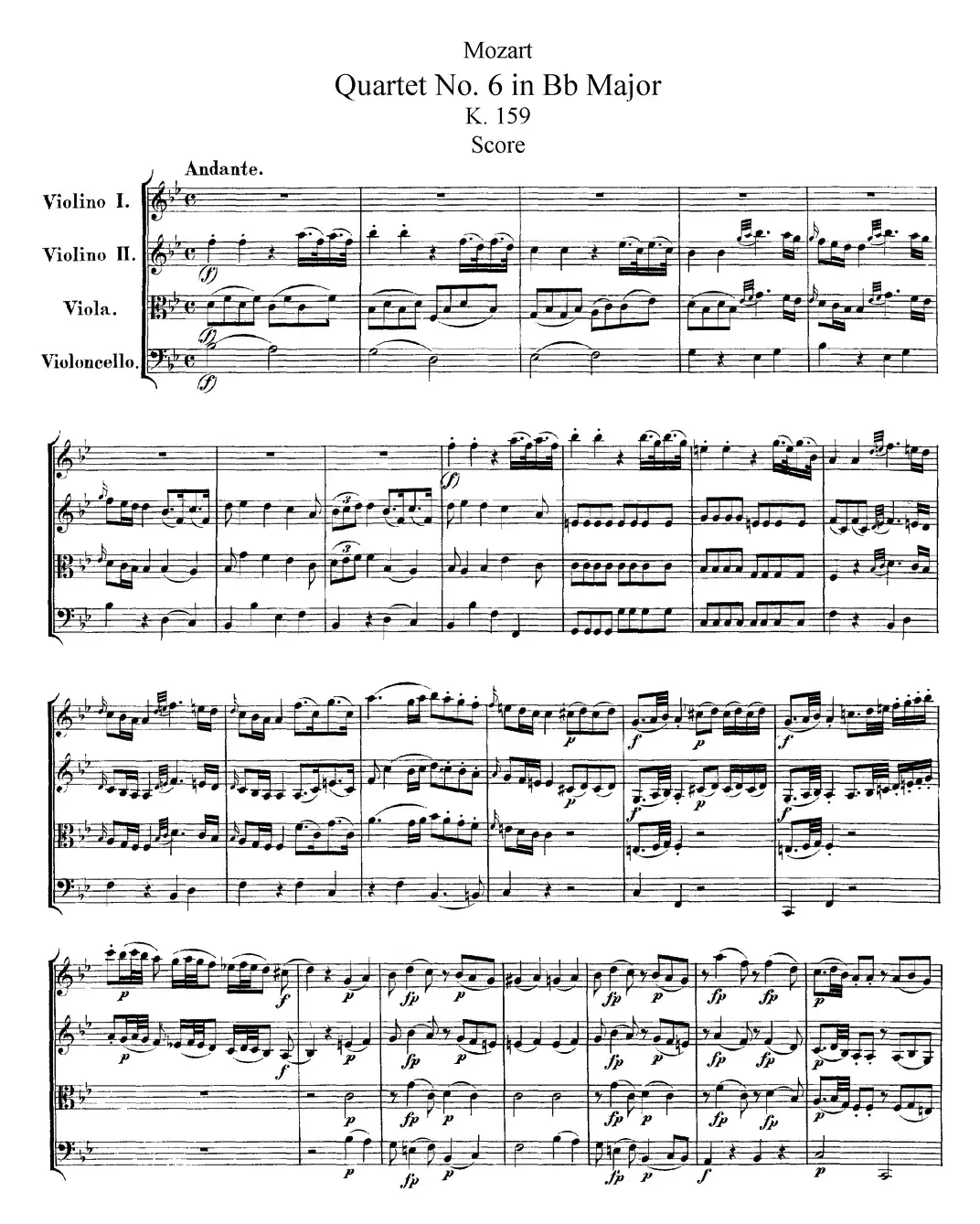 Mozart《Quartet No.6 in Bb Major,K.159》（总谱）