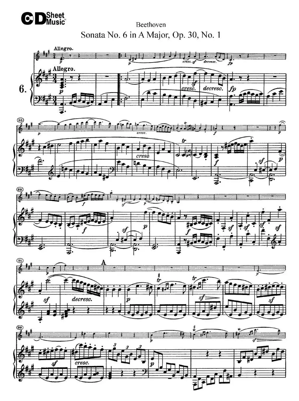 Violin Sonata No.6 in A Major Op.30 No.1（小提琴+钢琴伴奏）