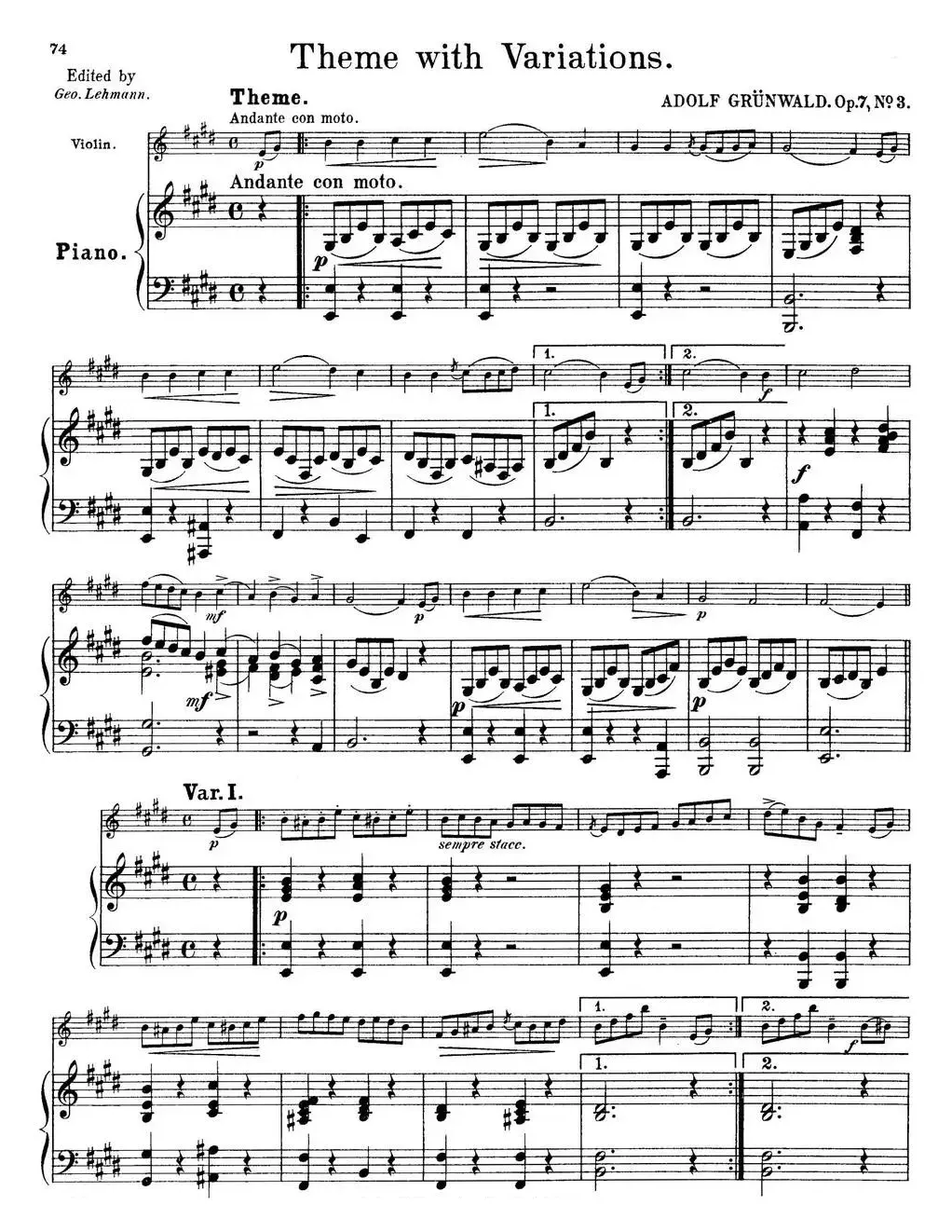 25首小提琴曲合集：Theme with Variations.（ADOLF GRUNWALD.Op.7，No.3）（小提琴+钢琴伴奏）