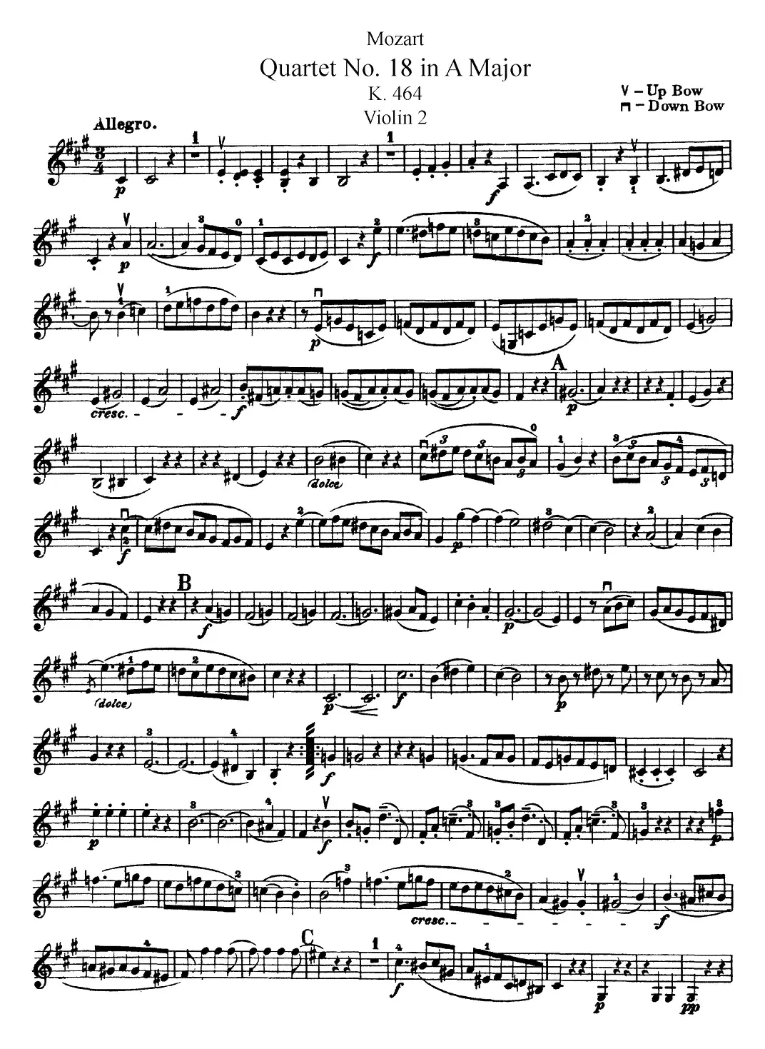 Mozart《Quartet No.18 in A Major,K.464》（Violin 2分谱）