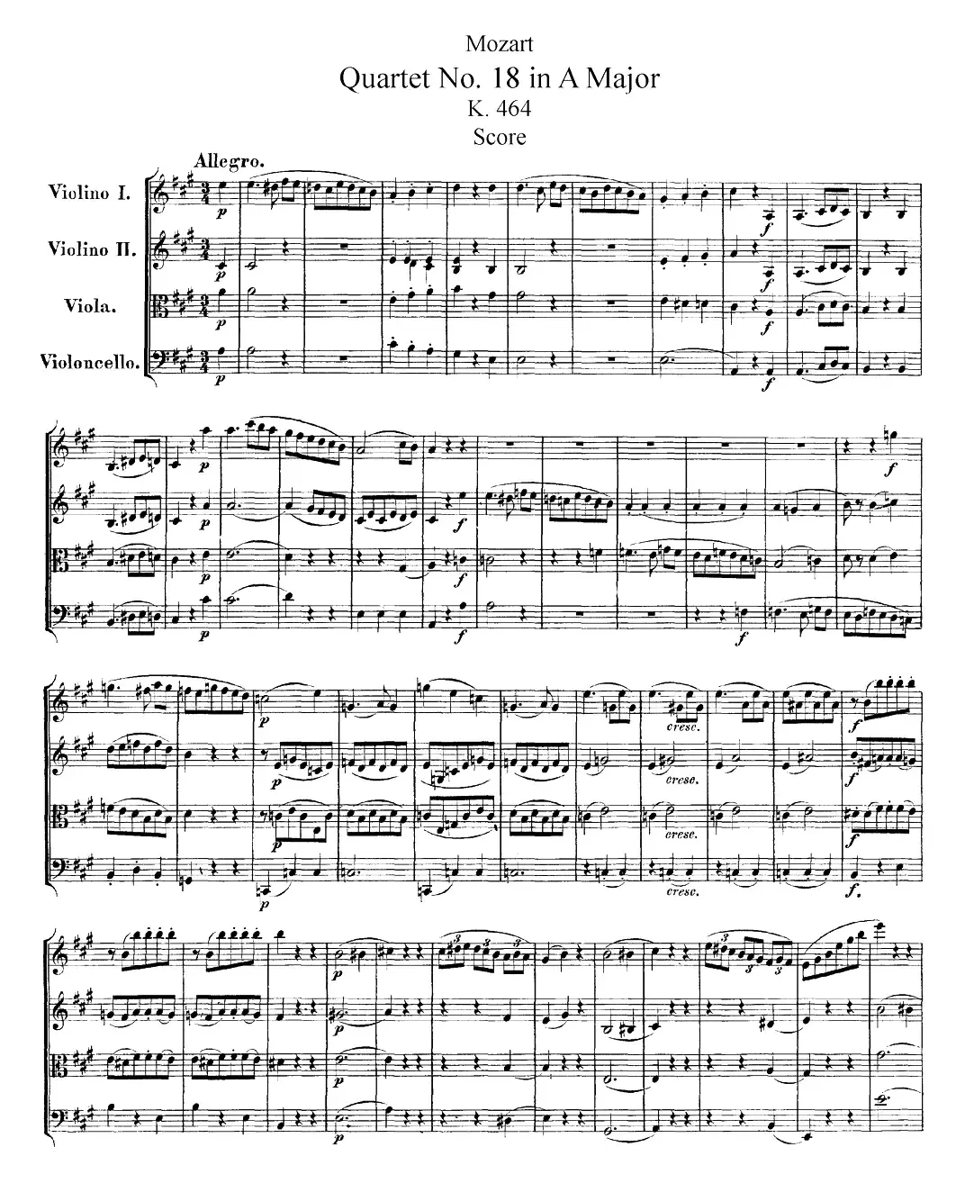 Mozart《Quartet No.18 in A Major,K.464》（总谱）