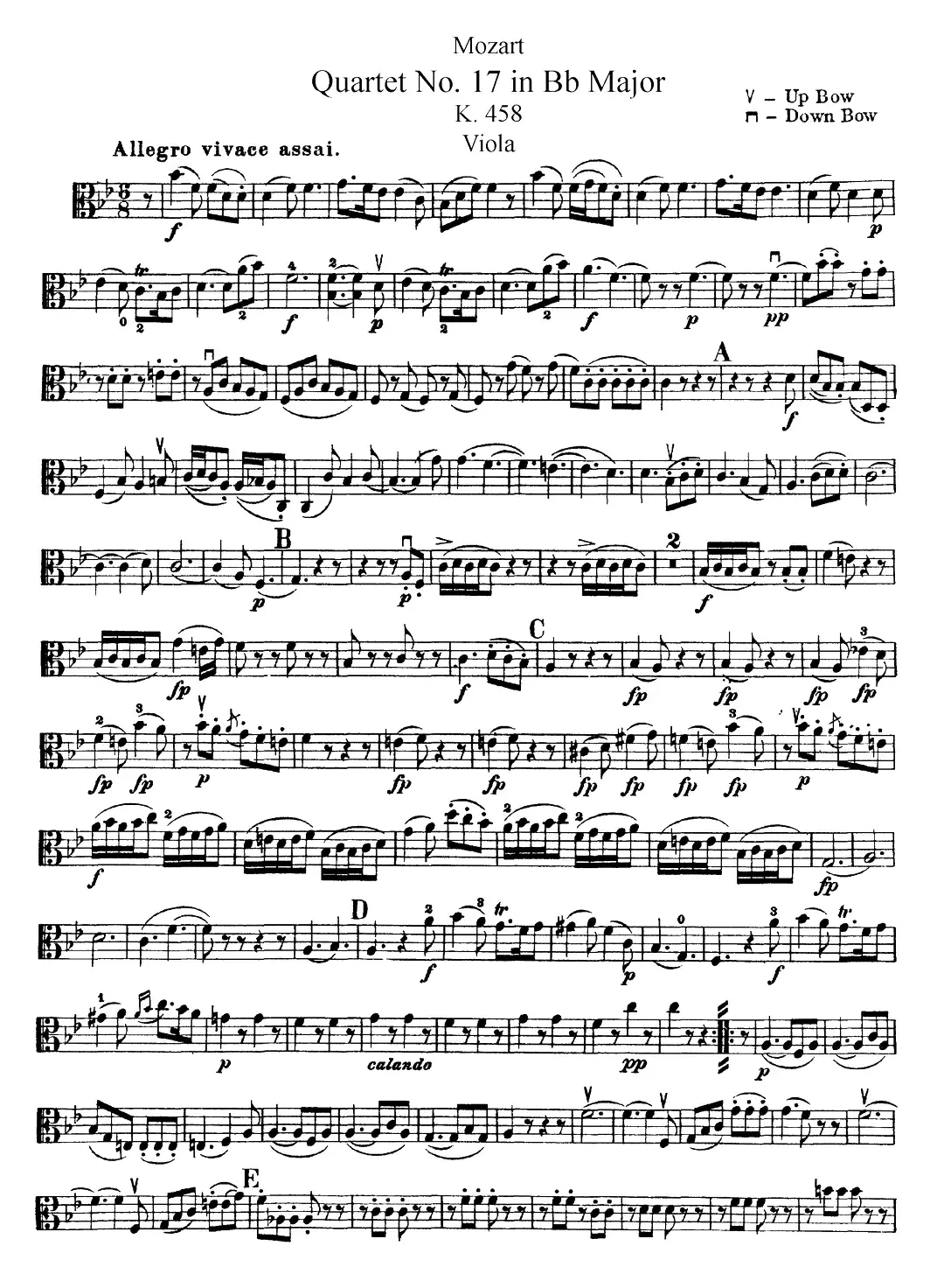 Mozart《Quartet No.17 in Bb Major,K.458》（Viola分谱）