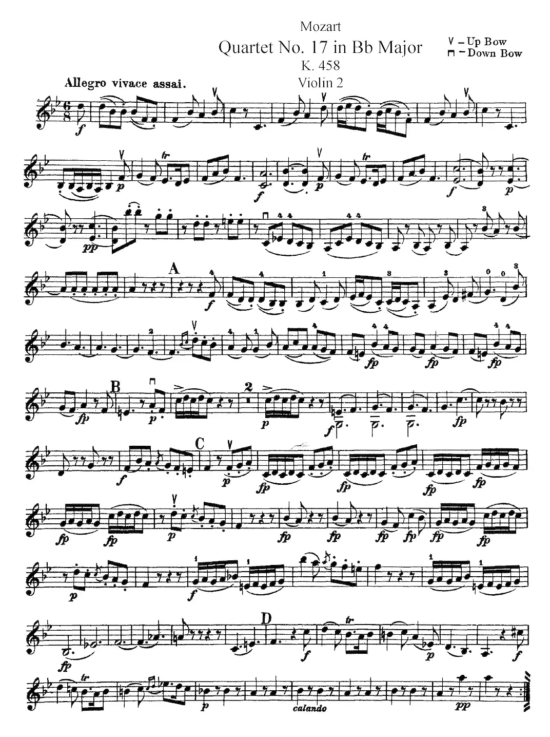 Mozart《Quartet No.17 in Bb Major,K.458》（Violin 2分谱）