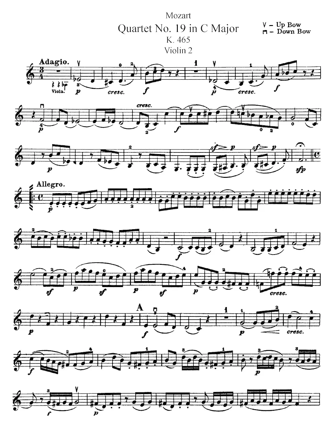 Mozart《Quartet No.19 in C Major,K.465》（Violin 2分谱）