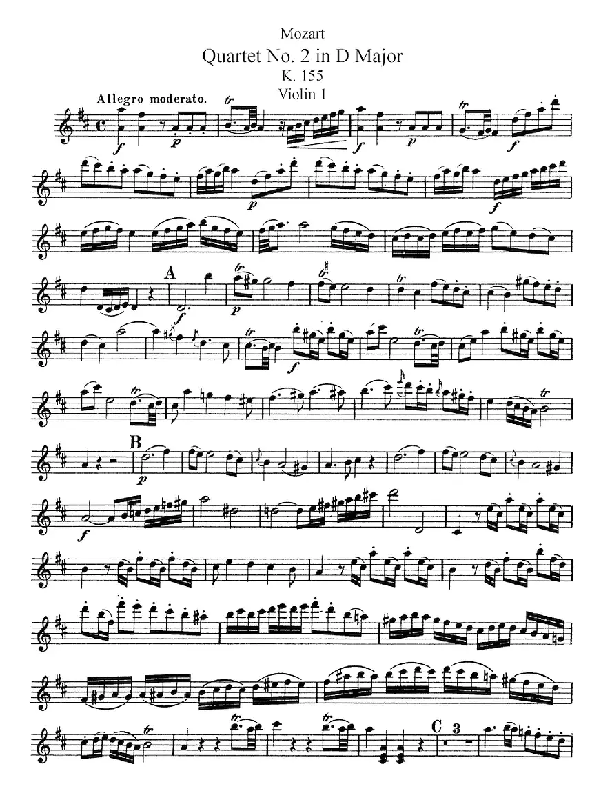 Mozart《Quartet No.2 in D Major,K.155》（Violin 1分谱）