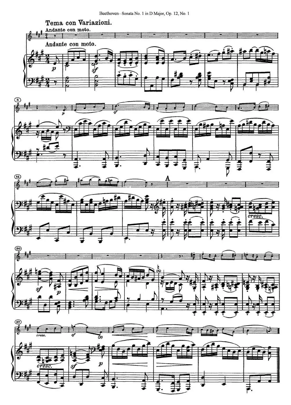 Violin Sonata No.1 in D Major Op.12 No.1（小提琴+钢琴伴奏）