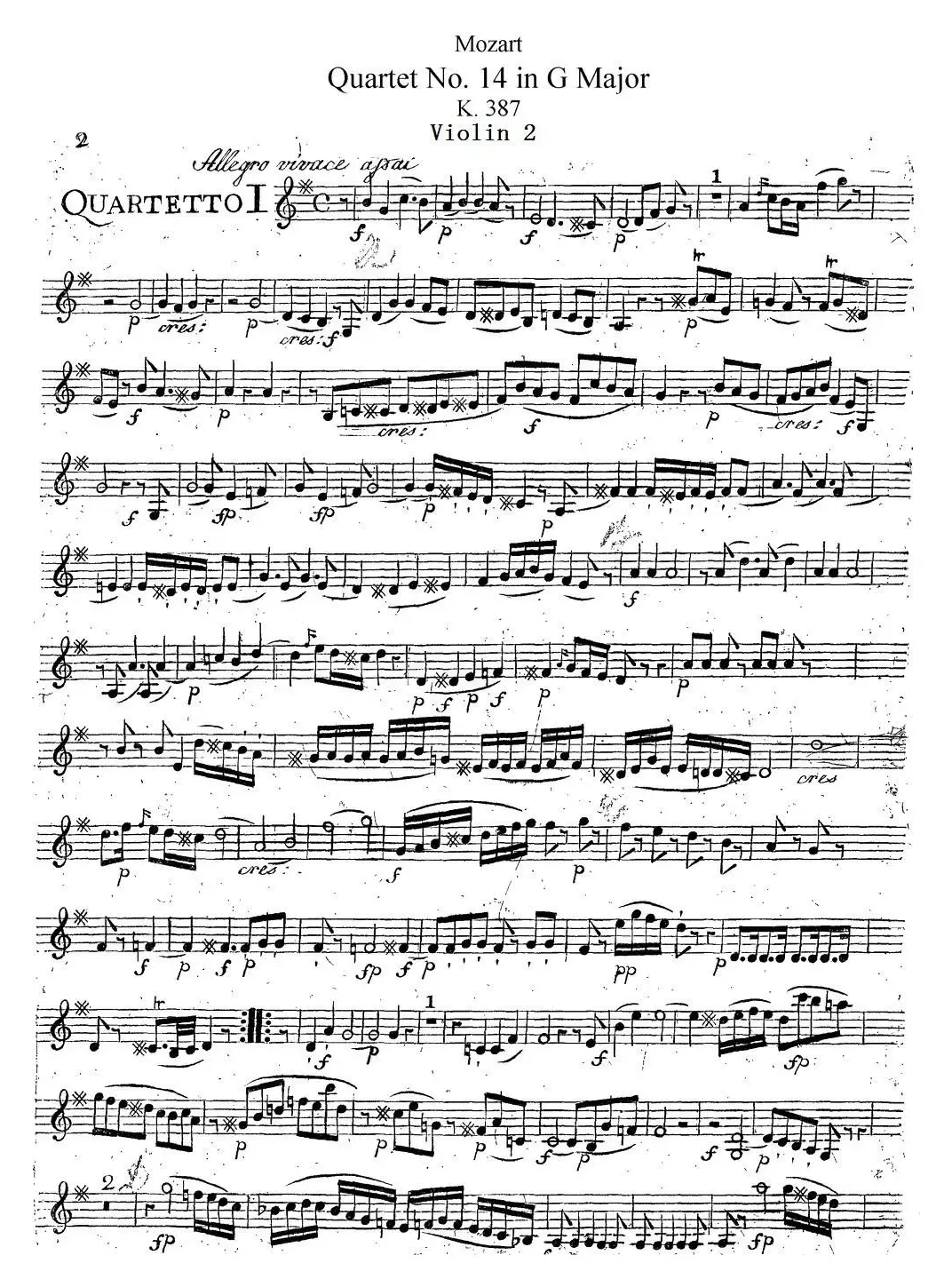 Mozart《Quartet No.14 in G Major,K.387》（Violin 2分谱）