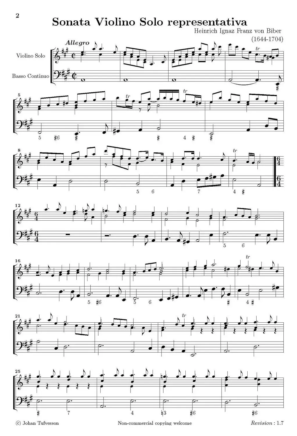 Sonata Violino Solo representativa（Violino+Basso Continuo）