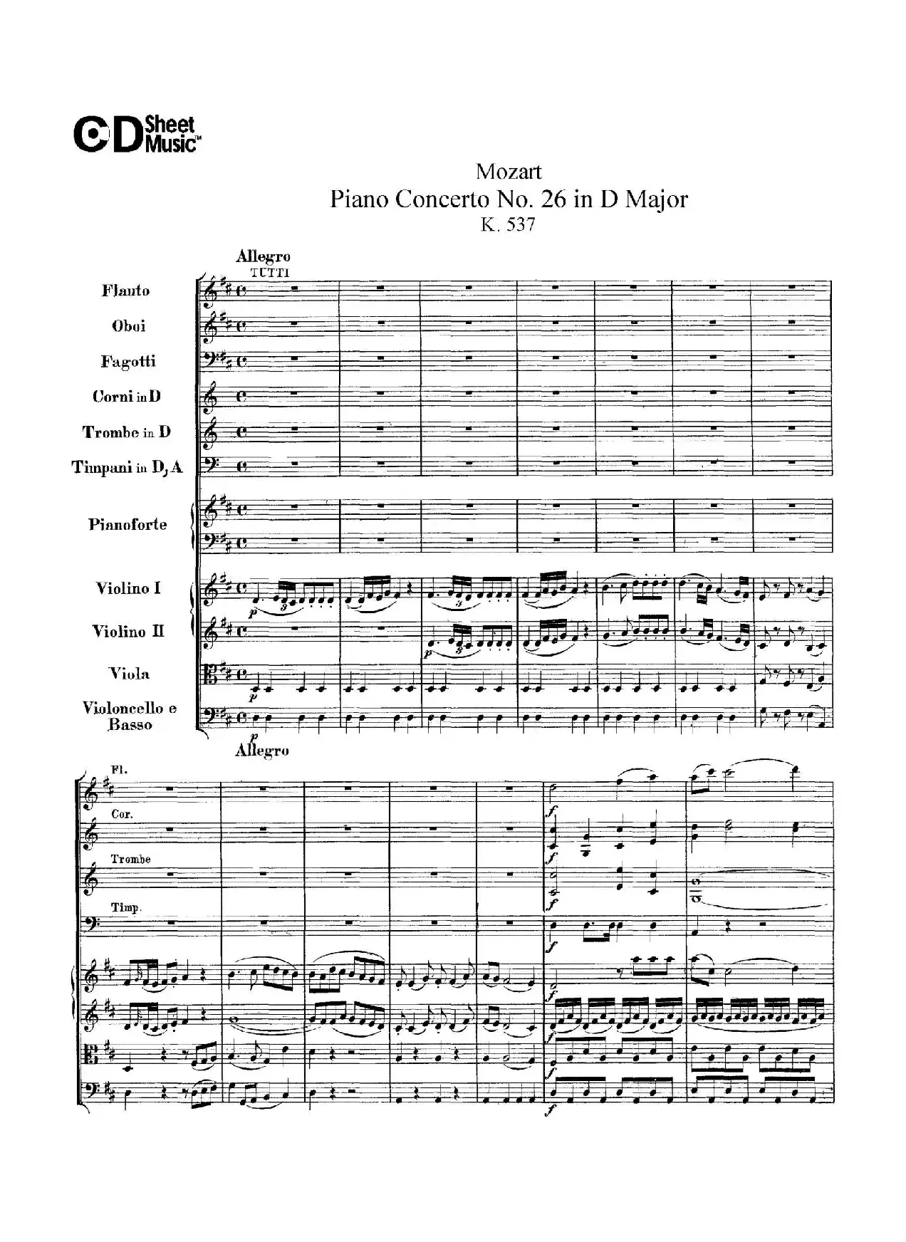 Piano Concerto No.26 in D Major  K.537（D大调第二十六钢琴协奏曲总谱）