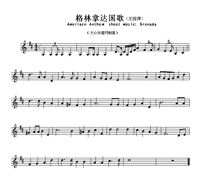 各国国歌主旋律：格林拿达（Ameriacn Anthem sheet music:Grenada）