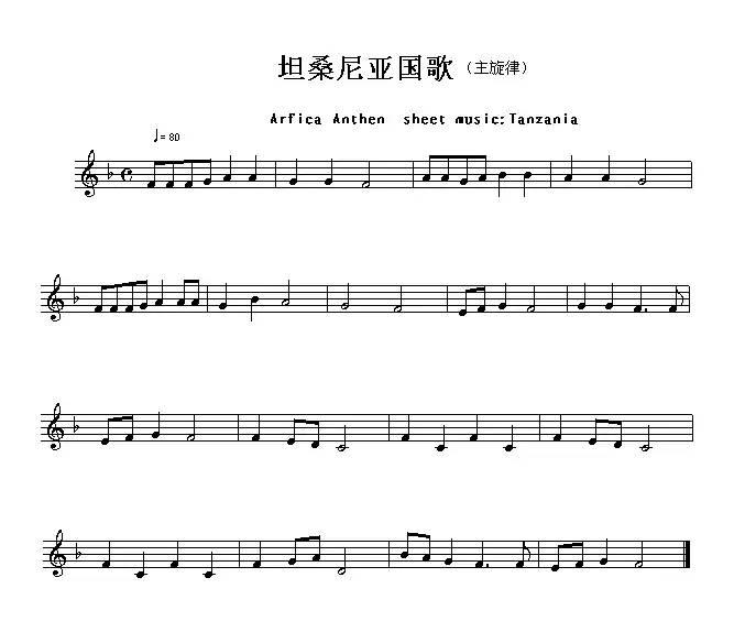 各国国歌主旋律：坦桑尼亚（Arfica Anthem sheet musec:Tanzania）