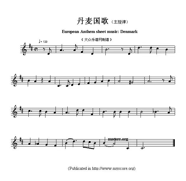 各国国歌主旋律：丹麦（European Anthem sheet music:Denmark）