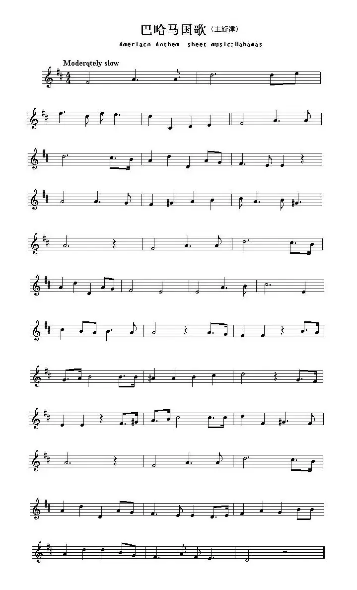 各国国歌主旋律：巴哈马（Ameriacn Anthem sheet music:Bahamas）