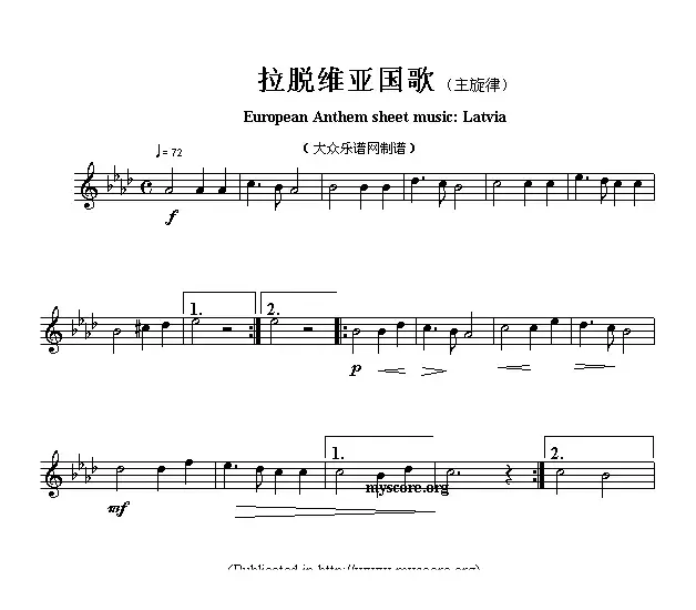 各国国歌主旋律：拉脱维亚（European Anthem sheet music:Latvia）