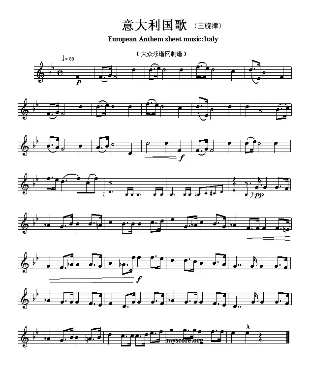 各国国歌主旋律：意大利（European Anthem sheet music:Italy）