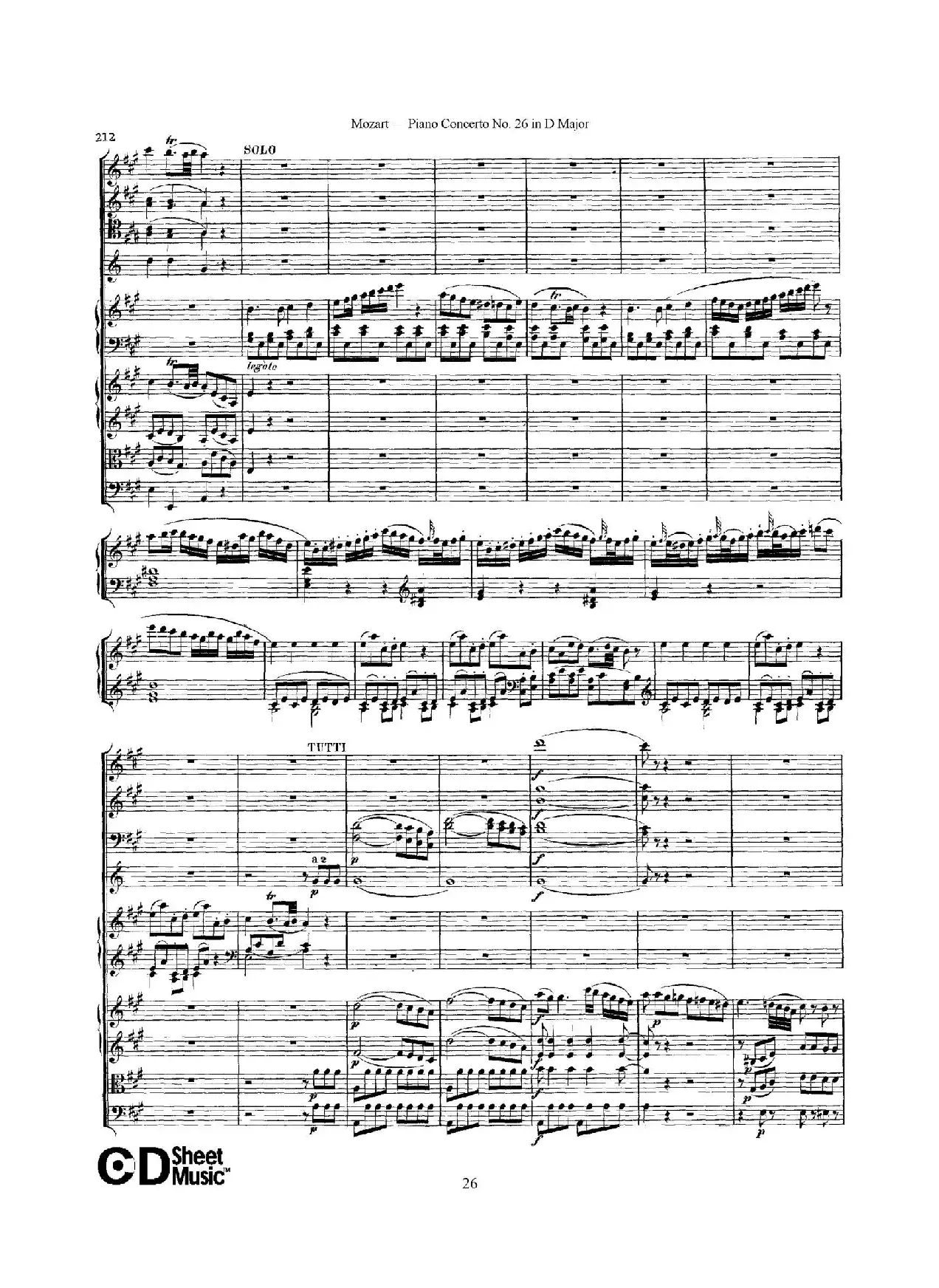 Piano Concerto No.26 in D Major  K.537（D大调第二十六钢琴协奏曲总谱）