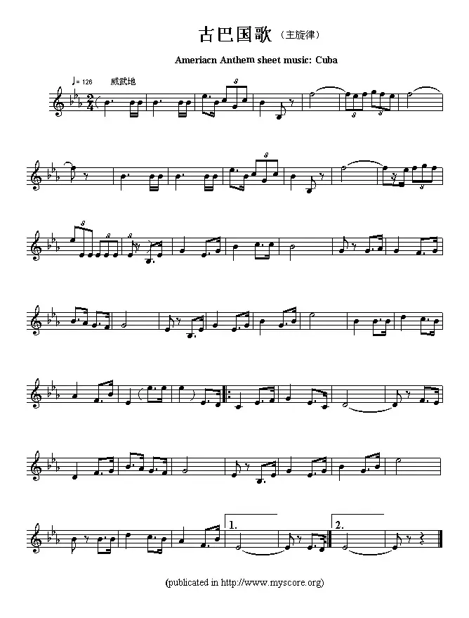 各国国歌主旋律：古巴（Ameriacn Anthem sheet music:Cuba）