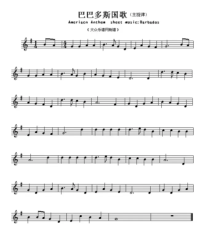 各国国歌主旋律：巴巴多斯（Ameriacn Anthem sheet music:Barados）