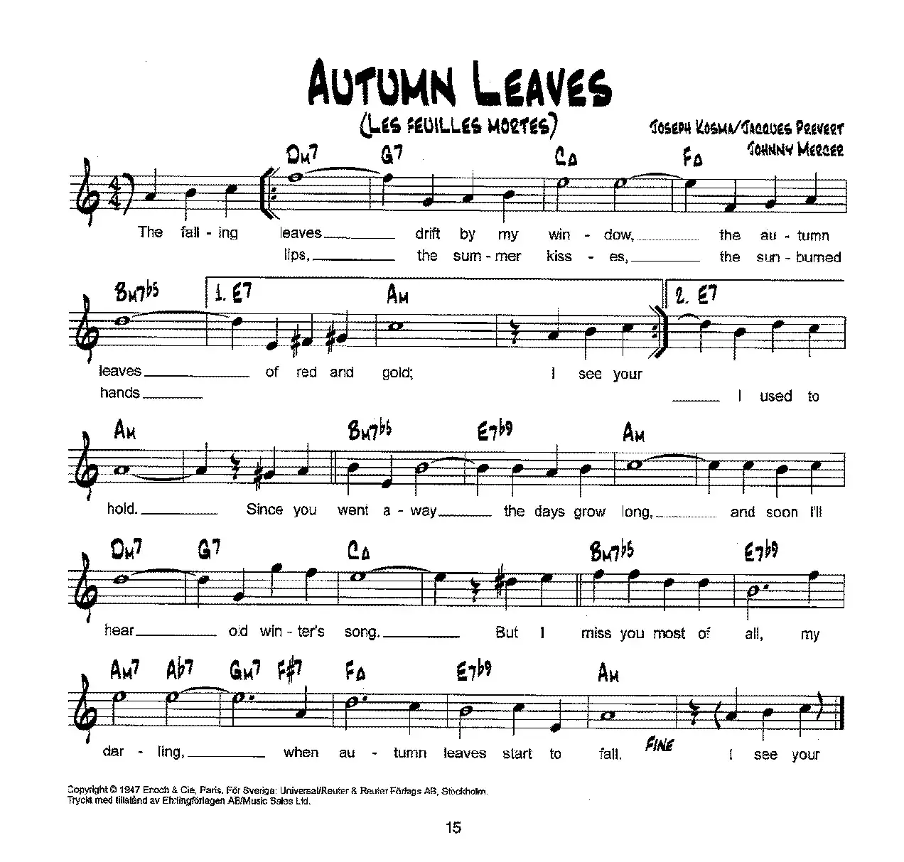 降B爵士乐谱：AUTUMN LEAVES