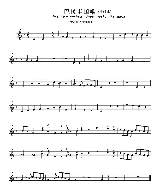 各国国歌主旋律：巴拉圭（Ameriacn Anthem sheet music:Paraguay）